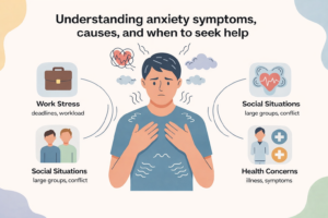 Infographic explaining anxiety symptoms, common causes like work stress and social situations, and when to seek help for mental health.